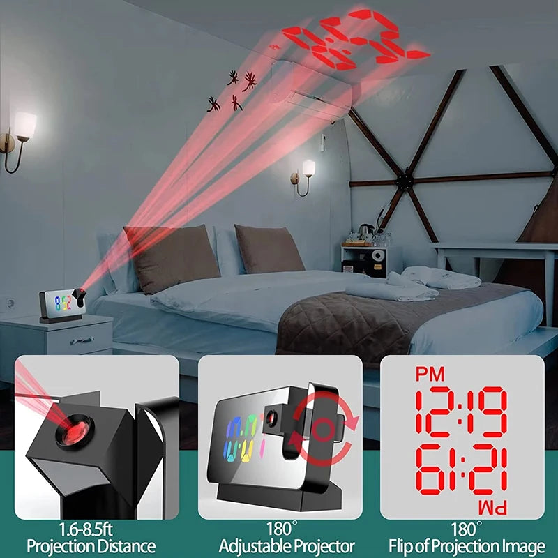 LED Projection Alarm Clock — Large Display, Rotating Ceiling/Wall Projector, Desk Clock for Home & Office