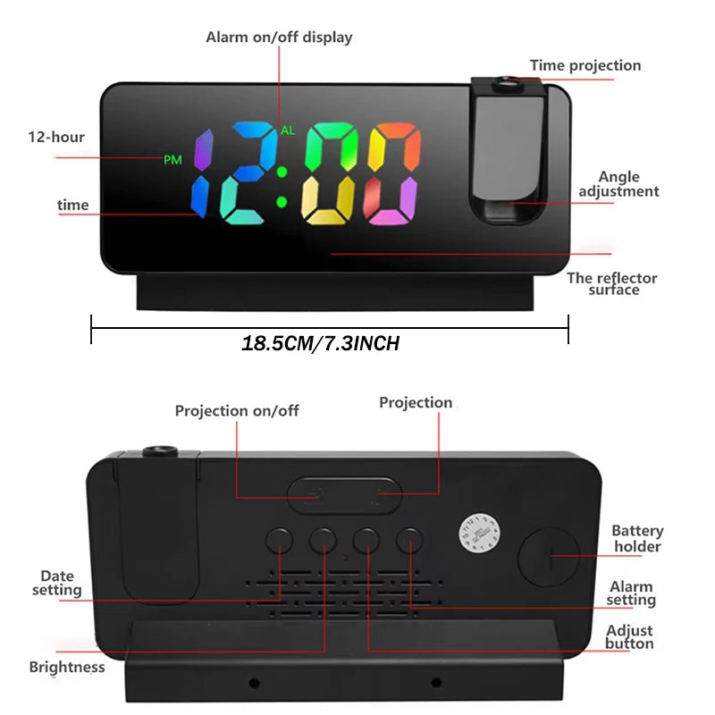 LED Projection Alarm Clock — Large Display, Rotating Ceiling/Wall Projector, Desk Clock for Home & Office